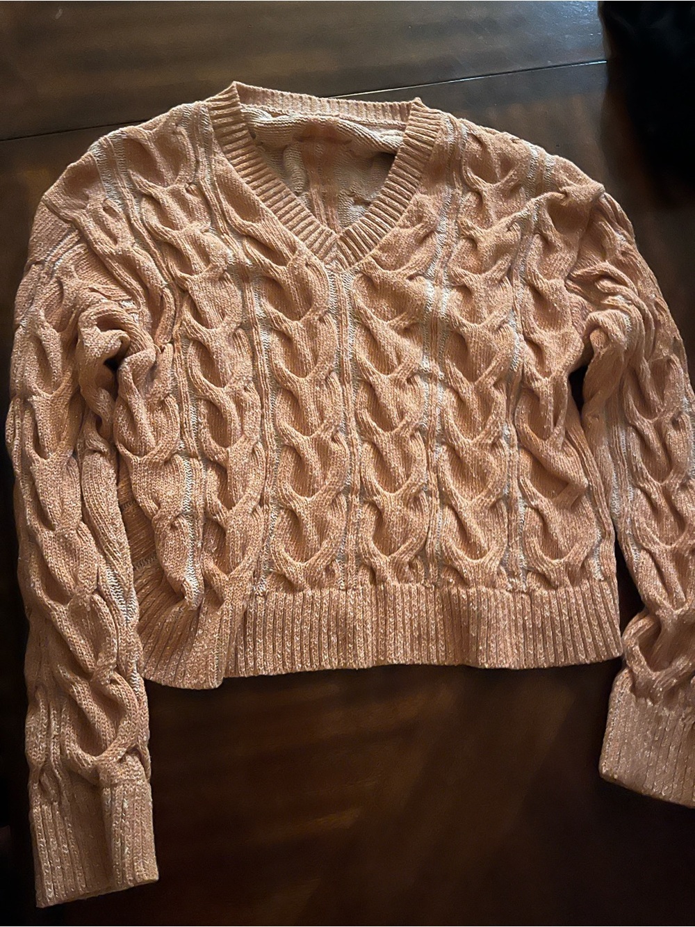 Free People Cable Knit V-Neck Sweater in Blush